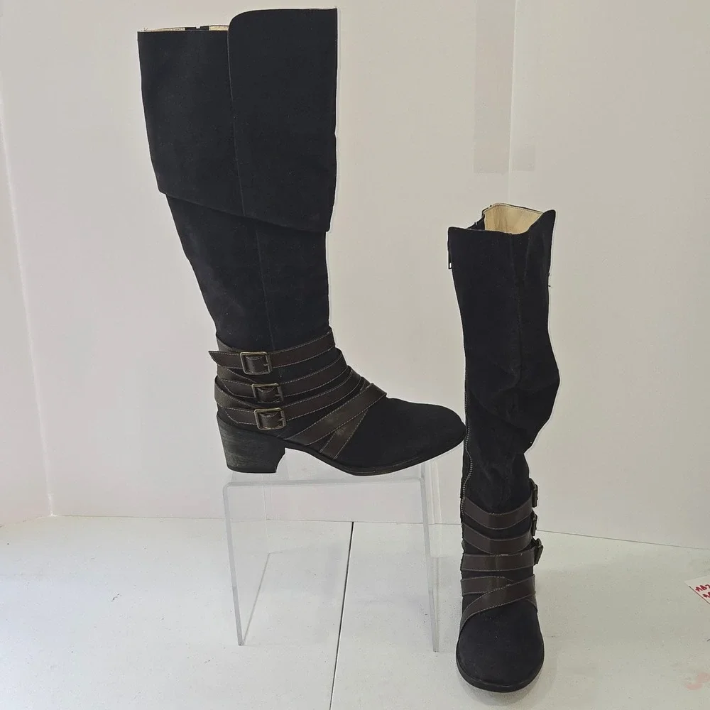 Cato Womens Size 9 Black Faux Suede Knee High Boots Brown Buckle Straps 37830346